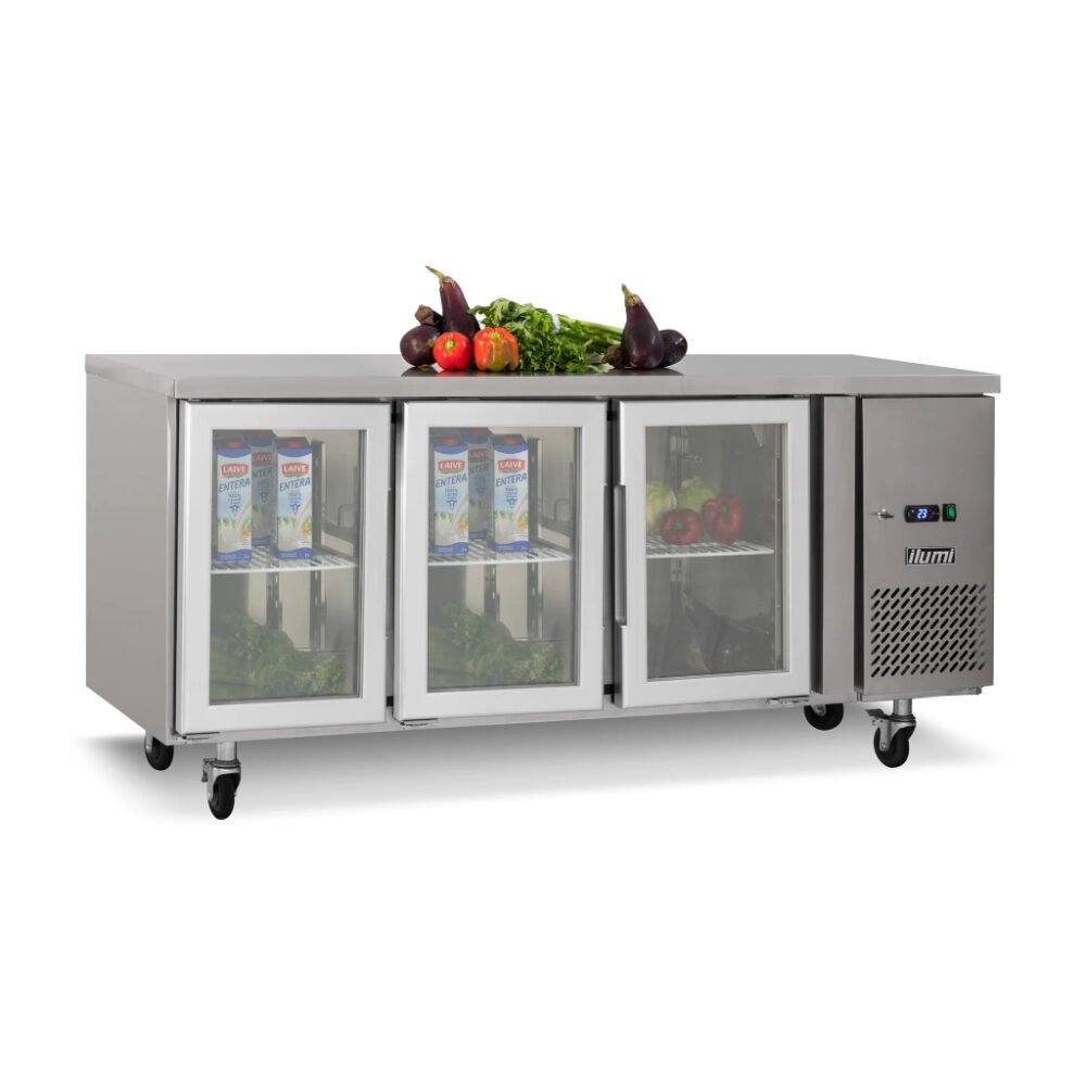 Mesa refrigerada de 420 litros con 3 puertas de vidrio