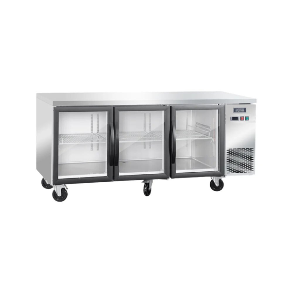 Mesa refrigerada de 460 litros con 3 puertas de vidrio